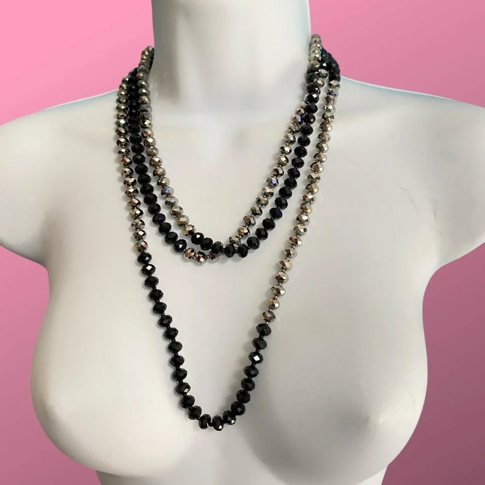 Glass Beads Necklace Faceted Black & Hematite Colored Beads Long Over-The-Head